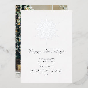 Silver Snowflake Happy Holidays Family Photo Foil Holiday Card