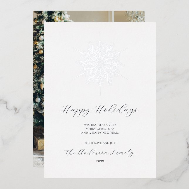 Silver Snowflake Happy Holidays Family Photo Foil Holiday Card (Front/Back)