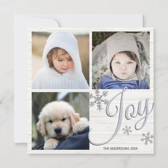 Silver Snowflake Joy Script 3 Photo Collage Holiday Card (Front)