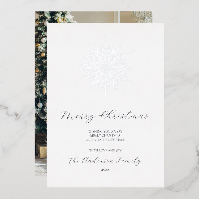 Silver Snowflake Merry Christmas Family Photo Foil Holiday Card (Front/Back)