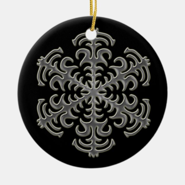 Silver Snowflake on Black Ceramic Ornament (Front)