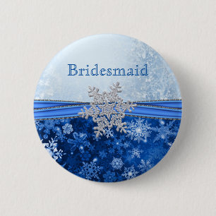 Silver snowflake on blue Bridesmaid 6 Cm Round Badge