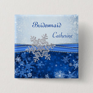 Silver snowflake on blue Wedding Bridesmaid 15 Cm Square Badge