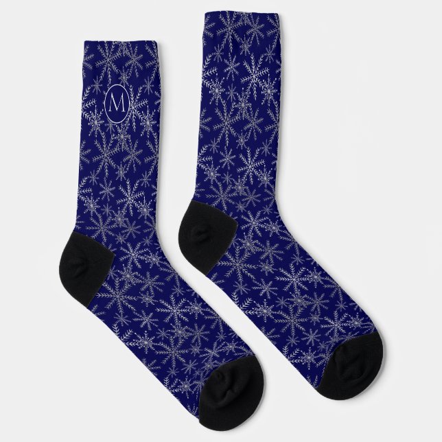 Silver Snowflake on Navy Blue Monogram Socks (Right)