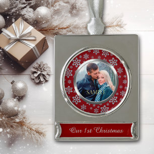 Silver Snowflake on Red First Christmas Silver Plated Banner Ornament