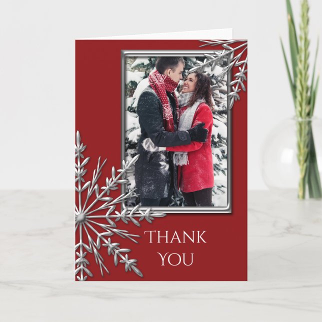 Silver Snowflake on Red Thank You Note Photo Card (Front)
