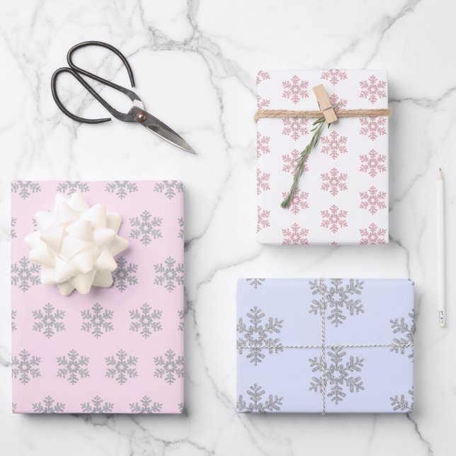 Silver Snowflake Pattern Pink Blue White Christmas Wrapping Paper Sheet (Front)