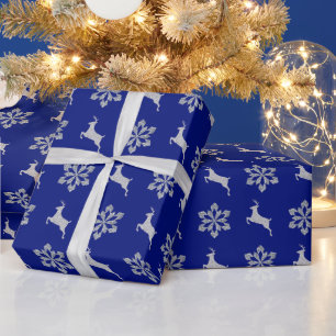 Silver Snowflake Pattern Reindeer Wrapping Paper