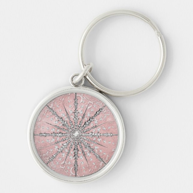 Silver snowflake pink elegant vintage winter  key ring (Front)