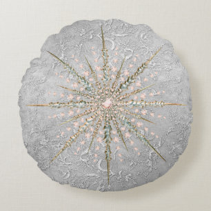 Silver snowflake pink elegant vintage winter  round cushion