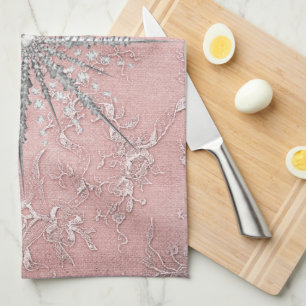 Silver snowflake pink elegant vintage winter tea towel