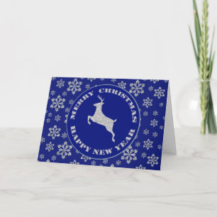 Silver Snowflake Reindeer Blue Christmas  Holiday Card