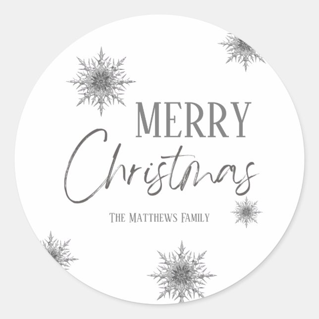 Silver Snowflake Script Merry Christmas  Classic Round Sticker (Front)
