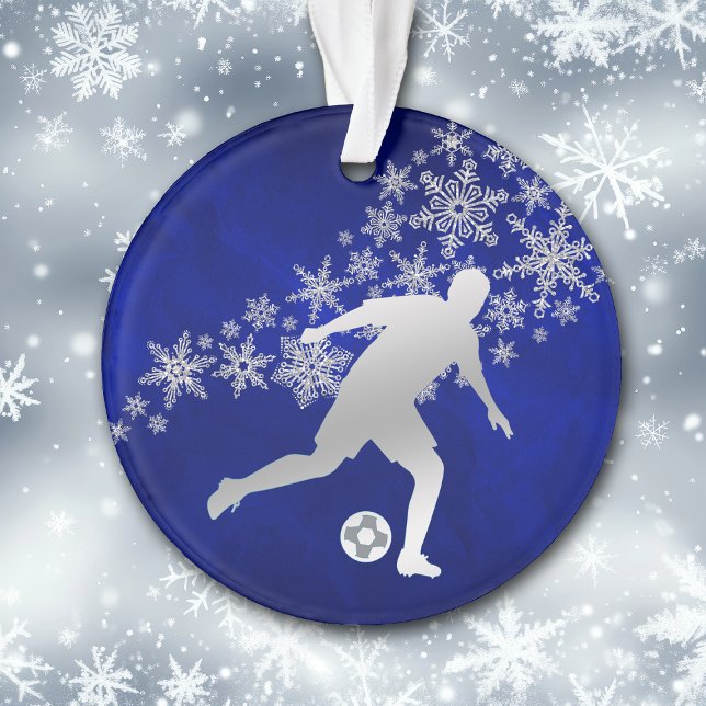 Silver Snowflake Soccer Player on Blue Ornament (Creator Uploaded)