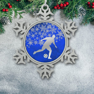 Silver Snowflake Soccer Player on Blue Snowflake Pewter Christmas Ornament