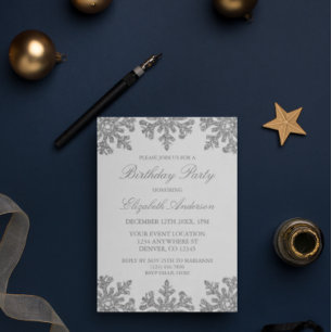 Silver Snowflake Winter Birthday Party Invitation