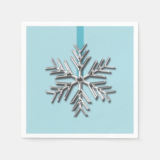 Silver Snowflake Winter Blue Ribbon Christmas Xmas Napkin (Front)
