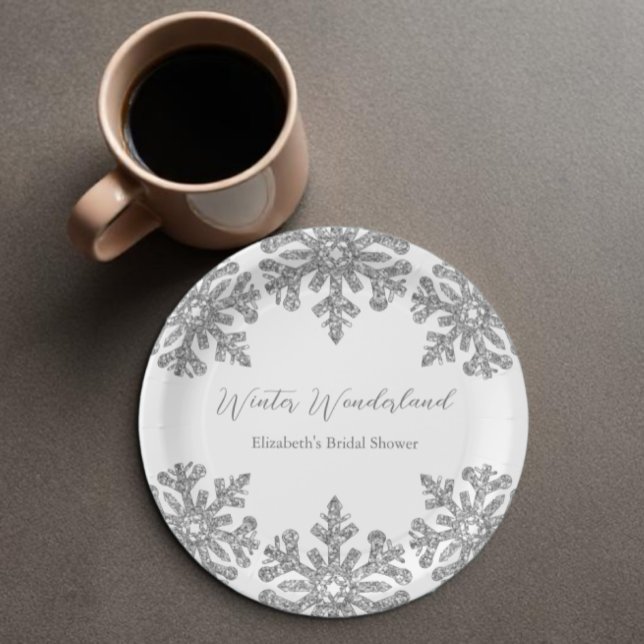 Silver Snowflake Winter Bridal Shower Paper Plate (Creator Uploaded)