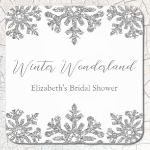 Silver Snowflake Winter Bridal Shower Square Paper Coaster
