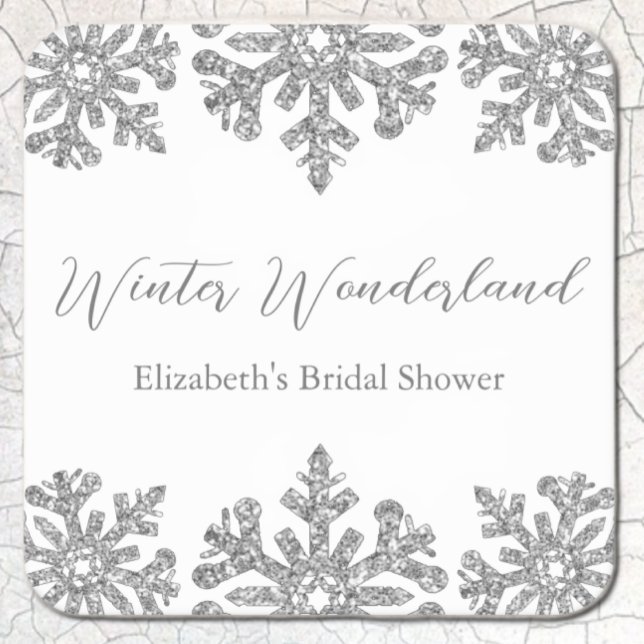 Silver Snowflake Winter Bridal Shower Square Paper Coaster (Creator Uploaded)