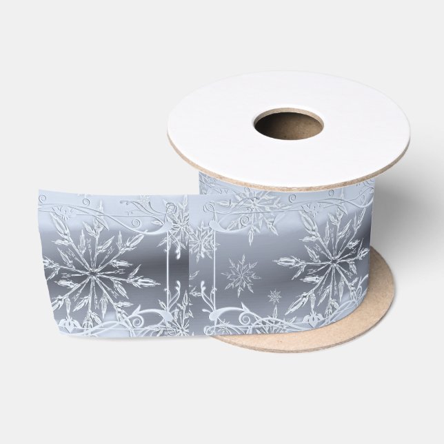 Silver snowflake winter frost grey white satin ribbon (Spool)