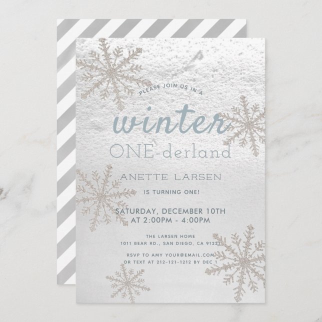 Silver Snowflake Winter Onederland 1st Birthday Invitation (Front/Back)