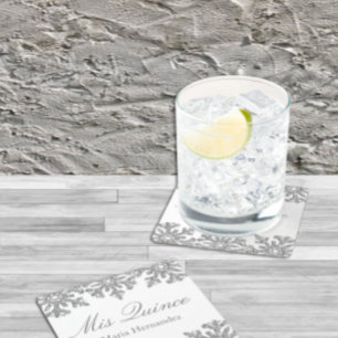 Silver Snowflake Winter Quinceanera Square Paper Coaster