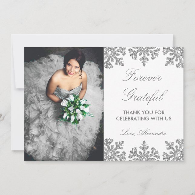 Silver Snowflake Winter Quinceanera Thank You Card (Front)