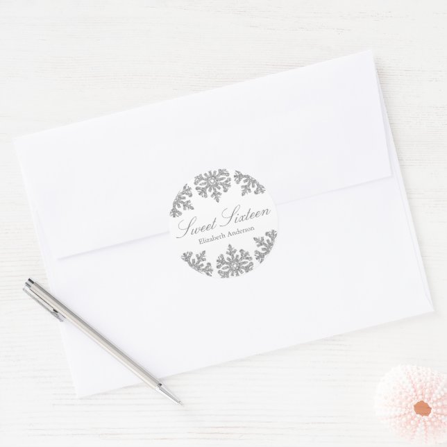 Silver Snowflake Winter Sweet 16 Classic Round Sticker (Envelope)
