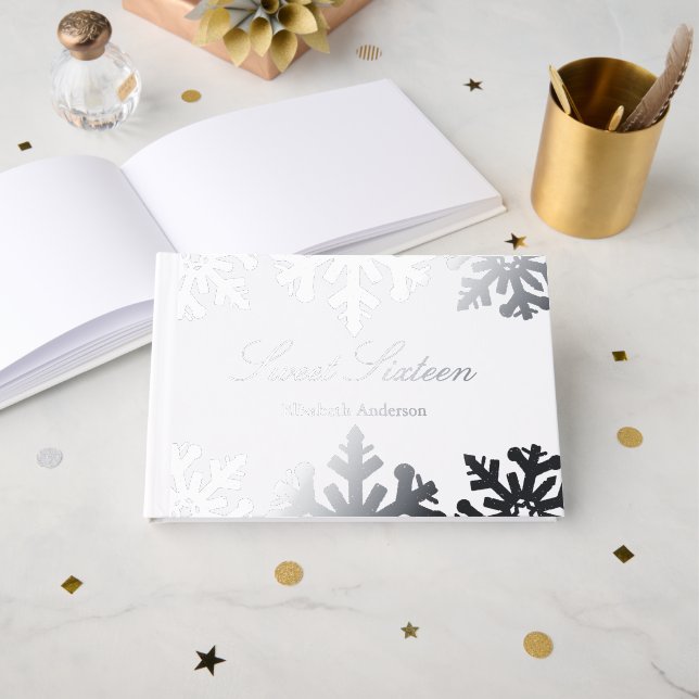 Silver Snowflake Winter Sweet 16 Guest Book (Front Open)
