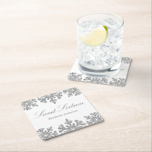 Silver Snowflake Winter Sweet 16 Square Paper Coaster