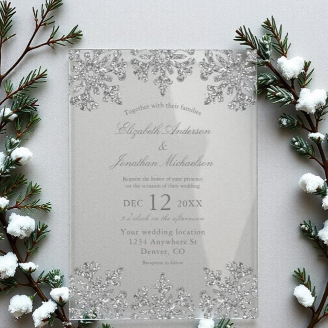 Silver Snowflake Winter Wedding Acrylic Invitations (Creator Uploaded)