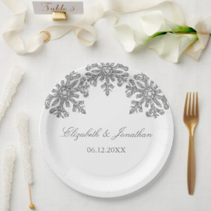 Silver Snowflake Winter Wedding Paper Plate
