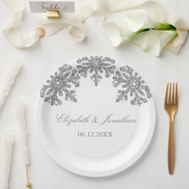 Silver Snowflake Winter Wedding Paper Plate (Wedding)