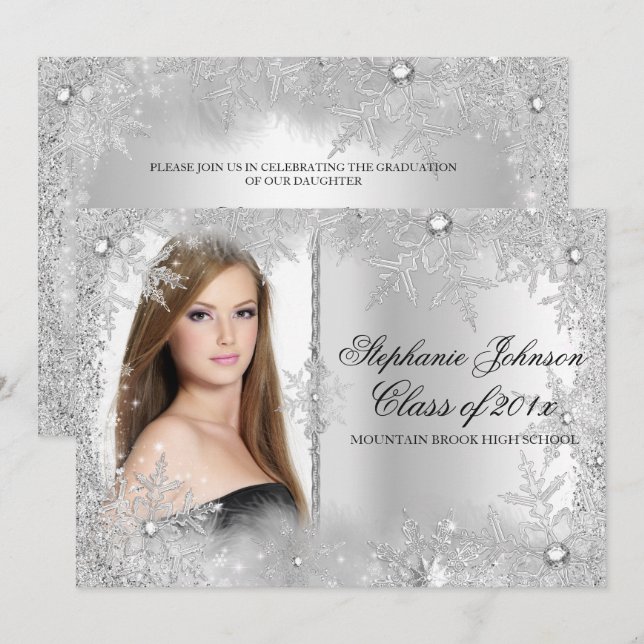 Silver Snowflake Winter Wonderland Graduation Card (Front/Back)