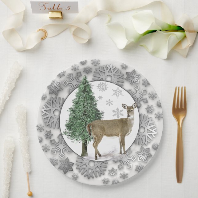 Silver Snowflake with Whitetail Deer Holiday  Paper Plate (Wedding)