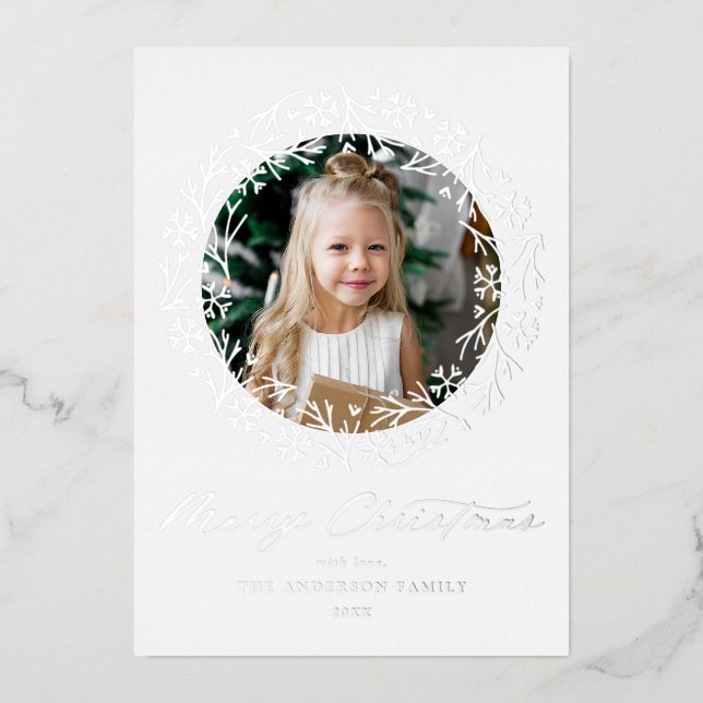 Silver Snowflake Wreath Foil Holiday Card (Front)