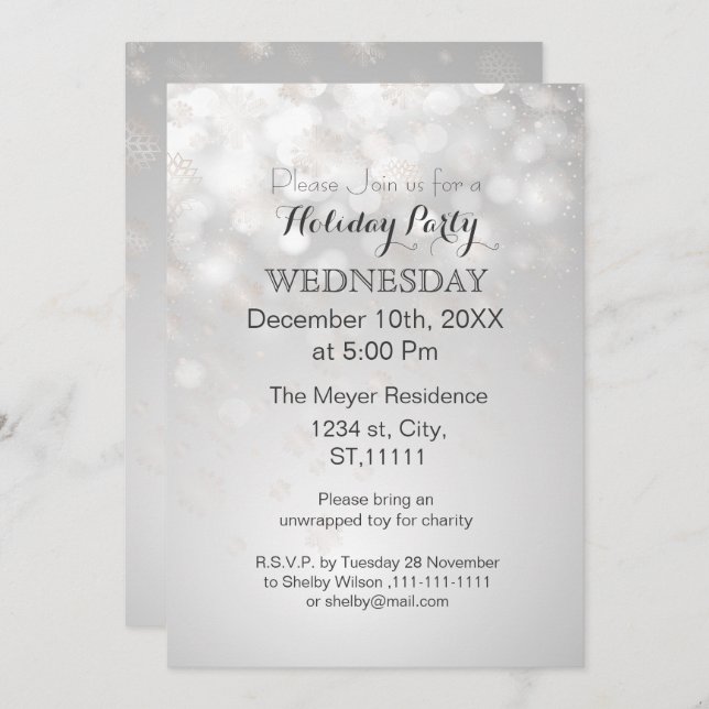 silver snowflakes and bokeh holiday party Invites (Front/Back)