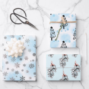 Silver Snowflakes and mistletoe with blue Wrapping Paper Sheet