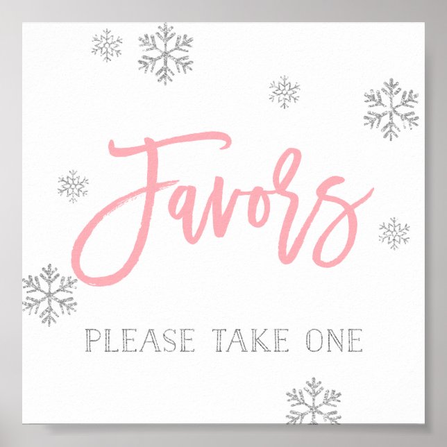 Silver Snowflakes and Pink Chic Favour Sign (Front)