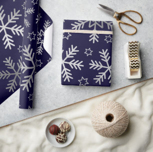 Silver Snowflakes and Stars on Navy Blue Winter Wrapping Paper