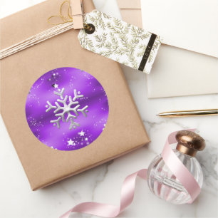 Silver Snowflakes and Stars Purple Christmas Classic Round Sticker