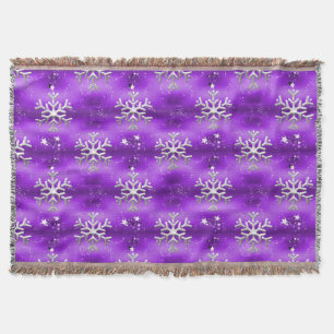 Silver Snowflakes and White Stars Purple Christmas Throw Blanket