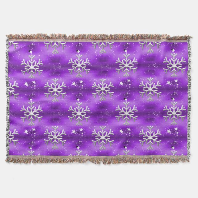 Silver Snowflakes and White Stars Purple Christmas Throw Blanket (Front)