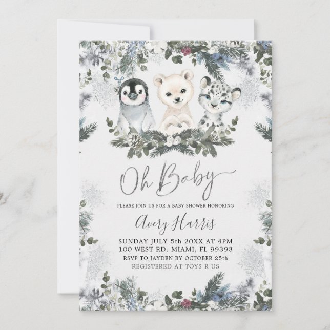 Silver snowflakes Arctic Animal Winter Baby Shower Invitation (Front)