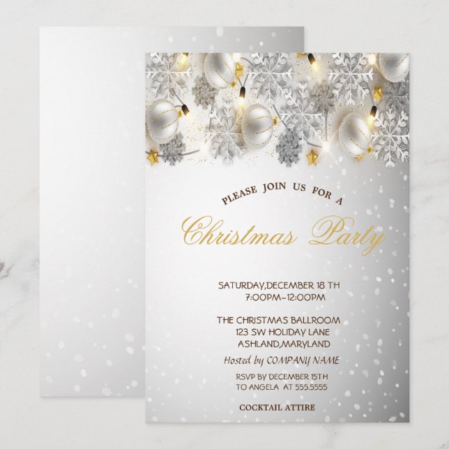 Silver Snowflakes,Balls Company Christmas Party Invitation (Front/Back)