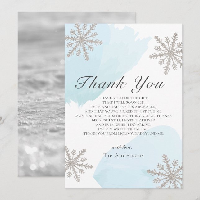 Silver Snowflakes Blue Baby Shower Thank You Card (Front/Back)