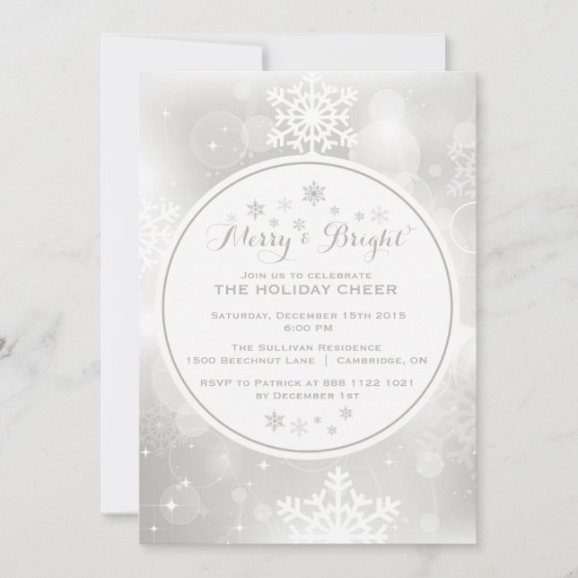 SILVER SNOWFLAKES BOKEH CHRISTMAS PARTY INVITATION (Front)