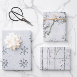 Silver Snowflakes Christmas Tree Branches Wrapping Paper Sheet