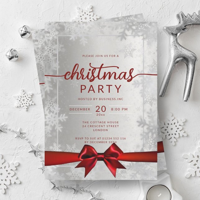 Silver Snowflakes Company Christmas Red Ribbon Invitation (Silver Snowflakes Company Christmas Red Ribbon Invitation)